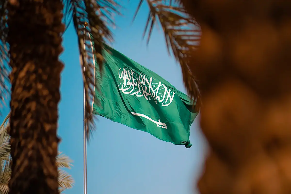 Close-up of the flagpole of Saudi Arabia from behind palm tree branches.